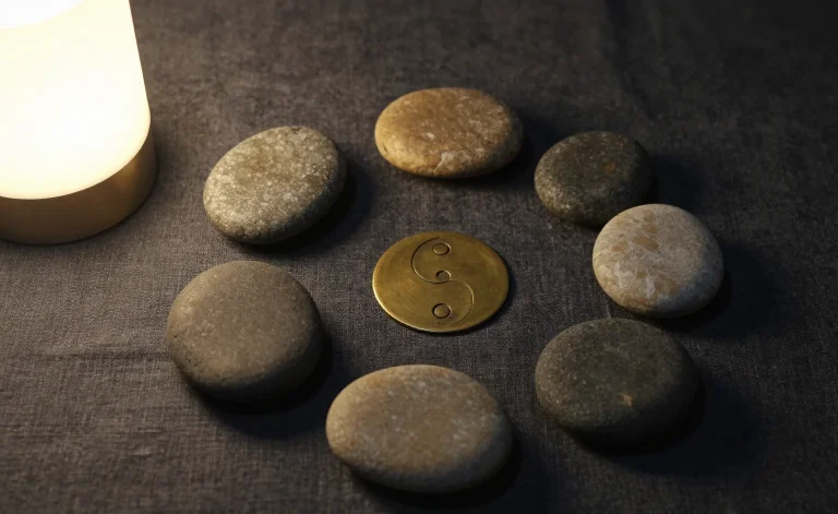 The School of Naturalists in one still life: smooth river stones arranged in a loose arc on dark linen around a worn brass taiji disc, lit by a single warm lamp
