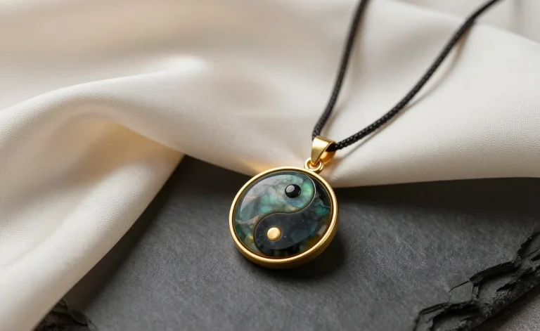 Yin and yang symbol meaning: an obsidian and gold yin yang pendant resting on dark slate beside pale silk in soft morning light