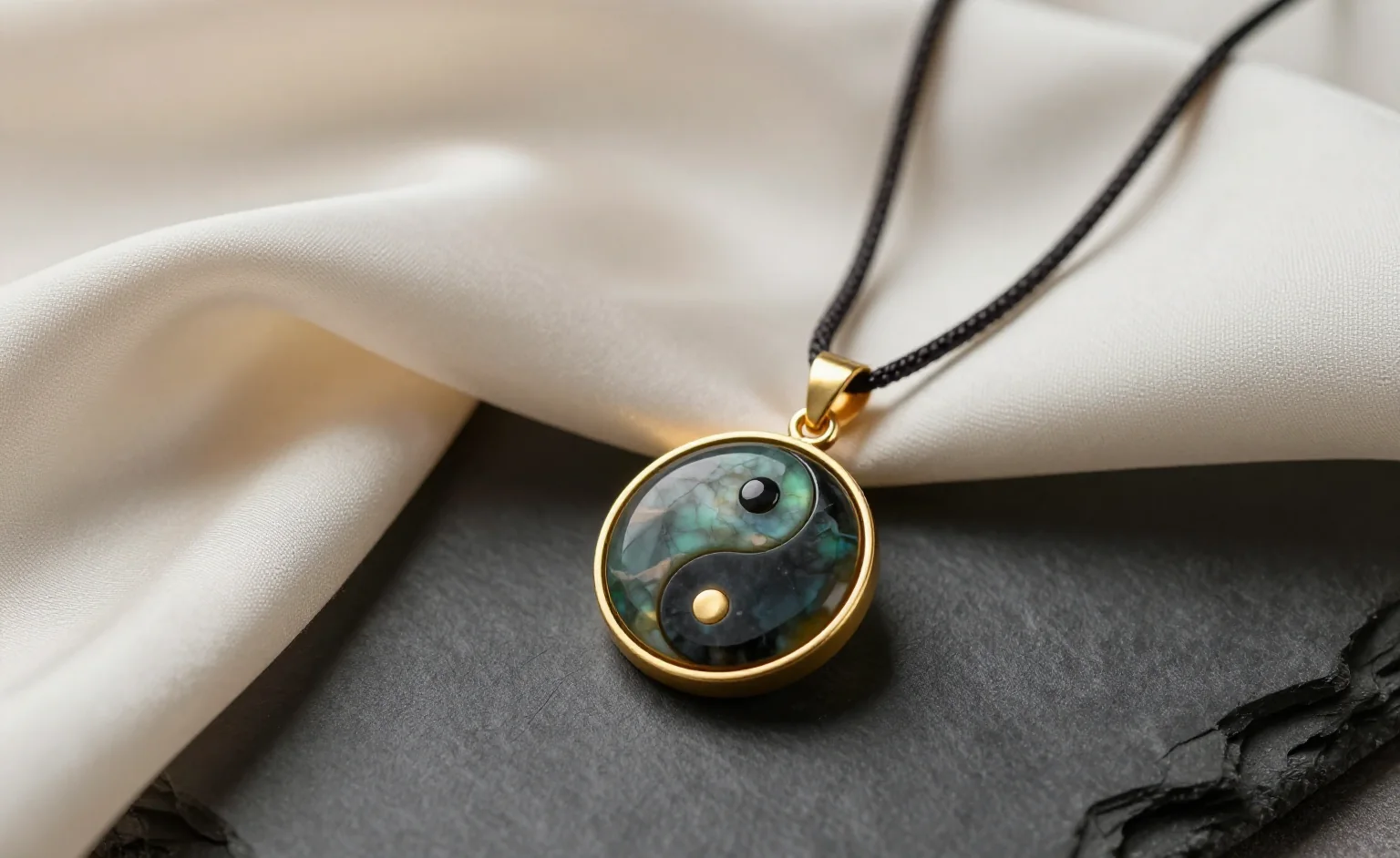 Yin and yang symbol meaning: an obsidian and gold yin yang pendant resting on dark slate beside pale silk in soft morning light
