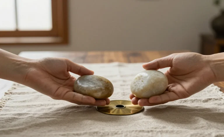 Yin yang in relationships staged in the studio: one hand passing a smooth pale river stone to another hand across a linen cloth, with a brass taiji disc resting between them