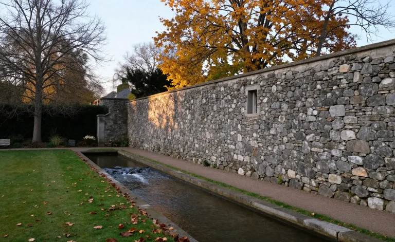 Yin yang seasons as one handover: a still grey stone wall on one side of a garden channel and moving water on the other, autumn leaves along the edge