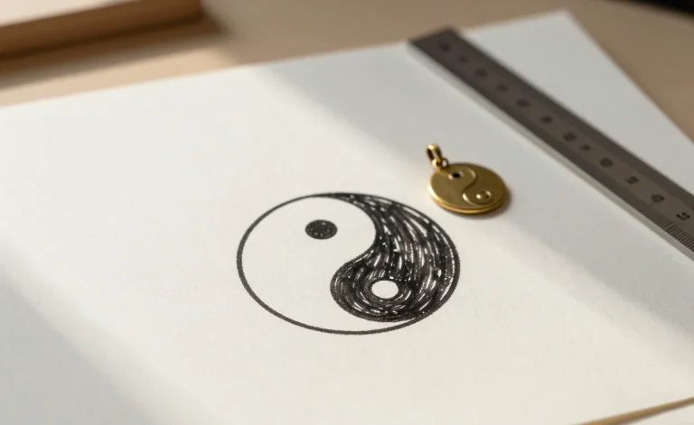 A yin yang tattoo meaning worked out on paper: a taiji hand-drawn in black ink beside a polished brass pendant and a steel ruler on a studio table